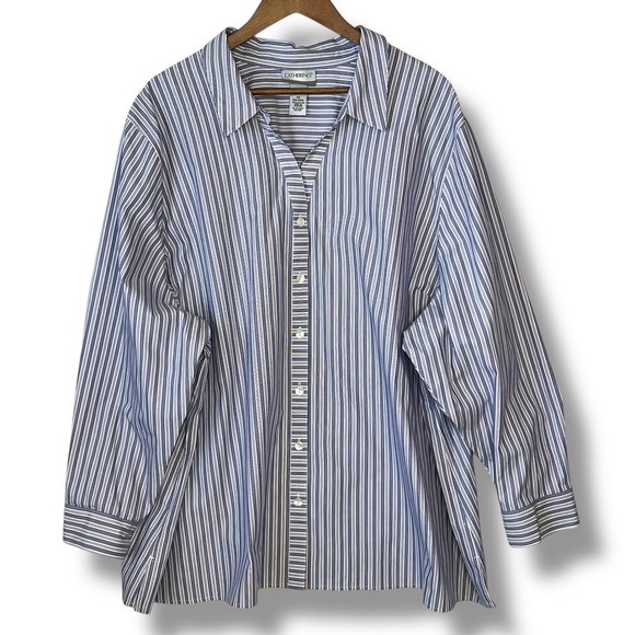 Catherines Tops - Catherines Plus 4X Blue White Striped‎ Non-Iron 100% Cotton Button Up Blouse